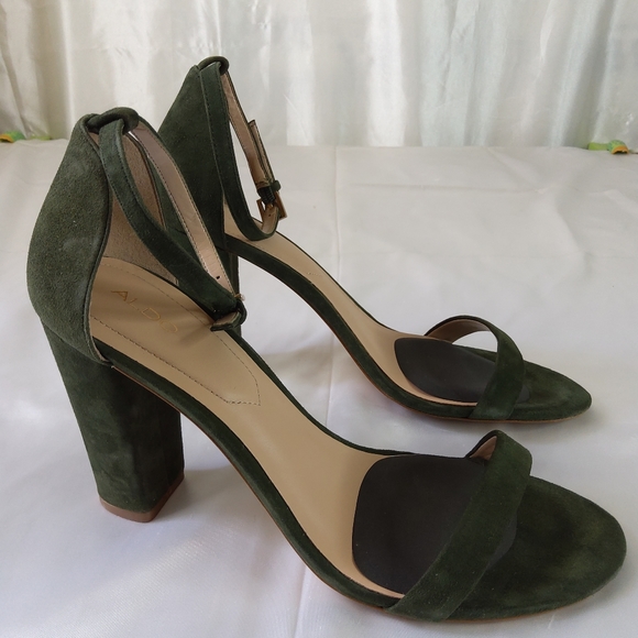 ALDO MYLY Women Block High Heel Suede Shoes Size 10 Dark Green Color Ankle Strap - Picture 2 of 12